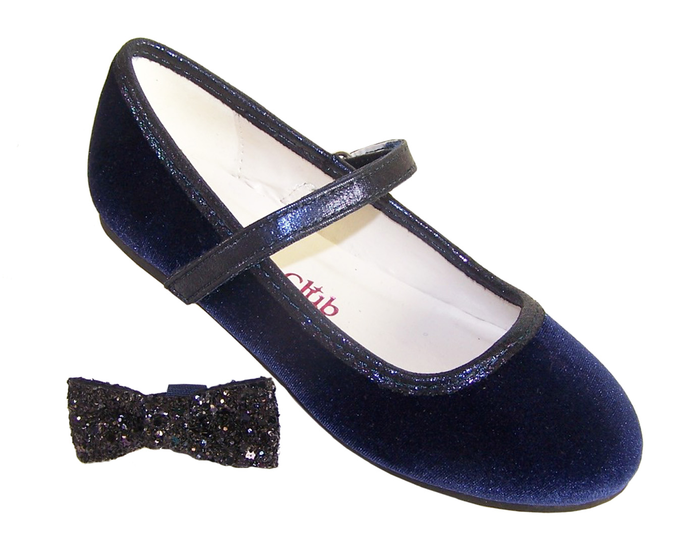 Girls dark blue velvet ballerina party shoes with matching glitter bag-5978