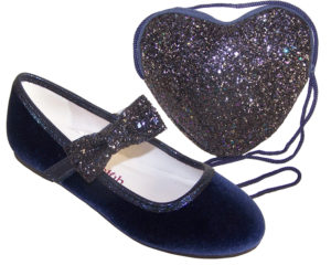 Girls dark blue velvet ballerina party shoes with matching glitter bag