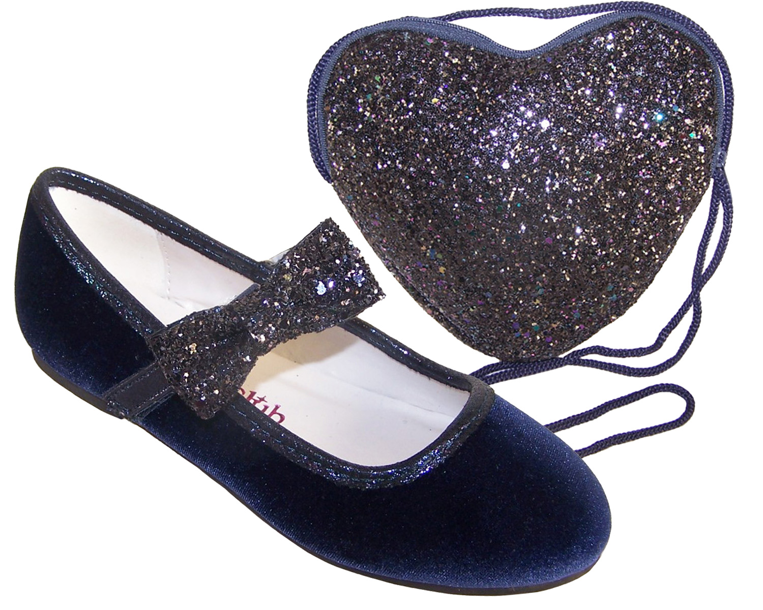 Girls dark blue velvet ballerina party shoes with matching glitter bag-0