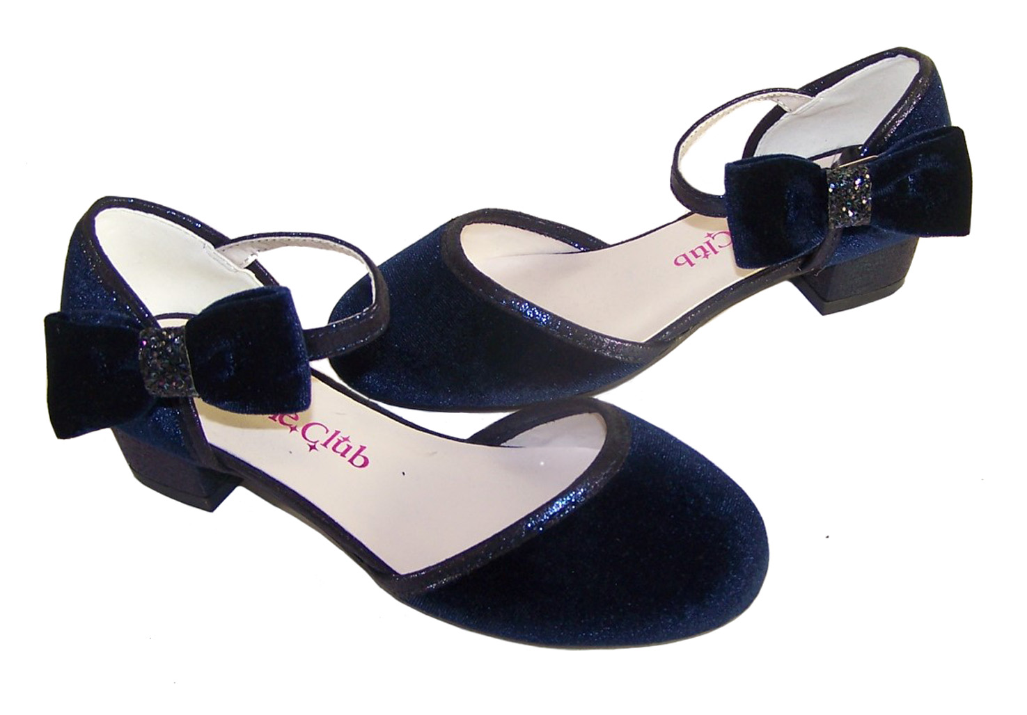 Girls dark blue velvet sparkly low heeled party shoes - Gift Set-6188