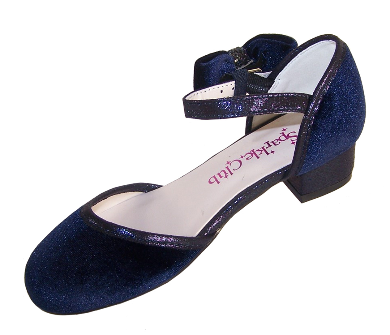 Girls dark blue velvet sparkly low heeled party shoes - Gift Set-6186