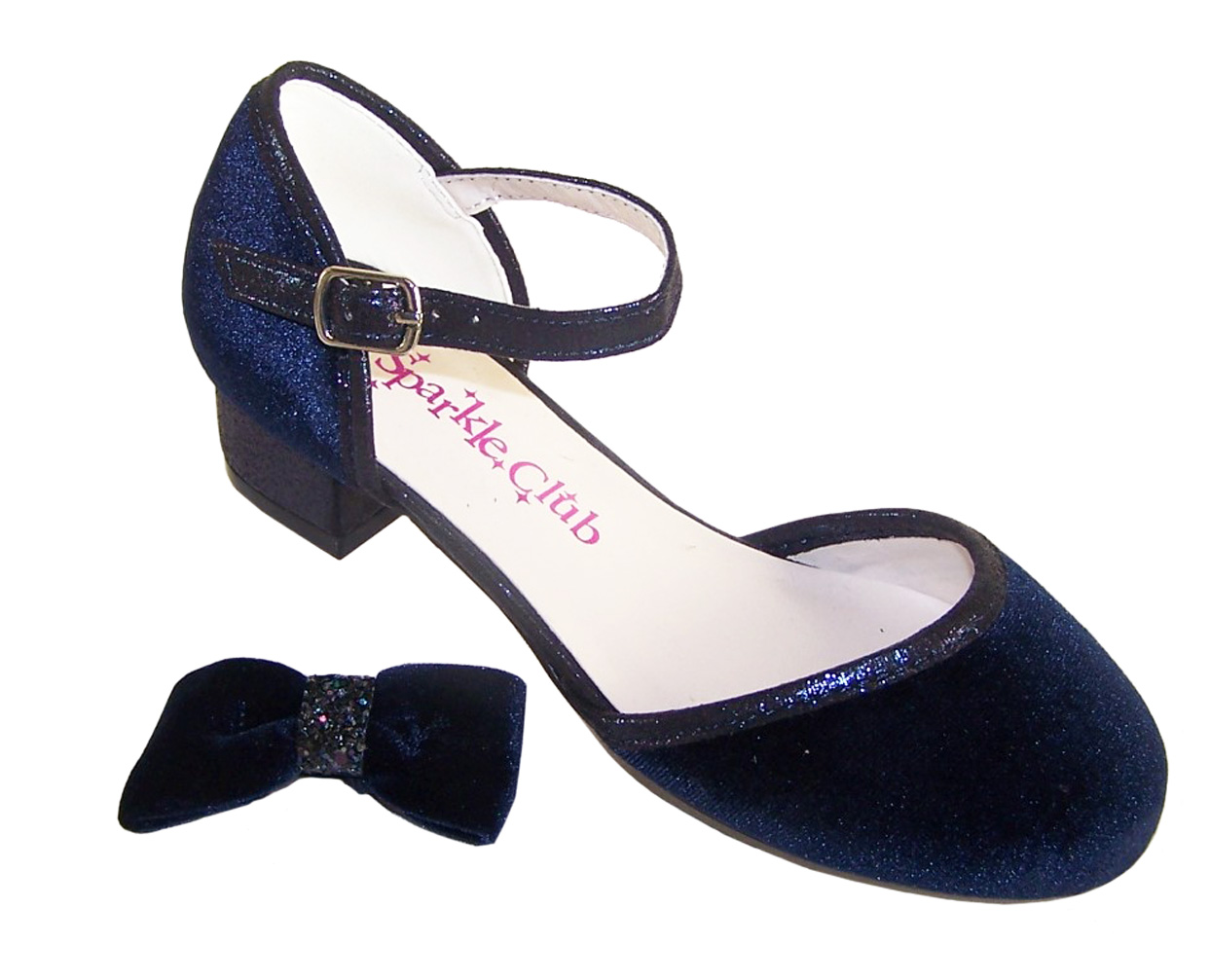 Girls dark blue velvet sparkly low heeled party shoes - Gift Set-6187