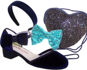 Girls dark blue velvet sparkly low heeled party shoes - Gift Set