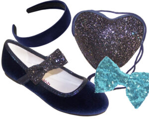 Girls dark blue velvet ballerina party shoes - Gift Set