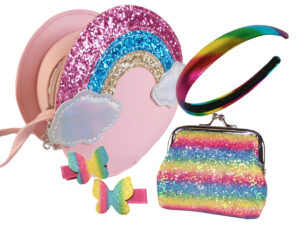 Girls sparkly rainbow glitter bag and accessories set