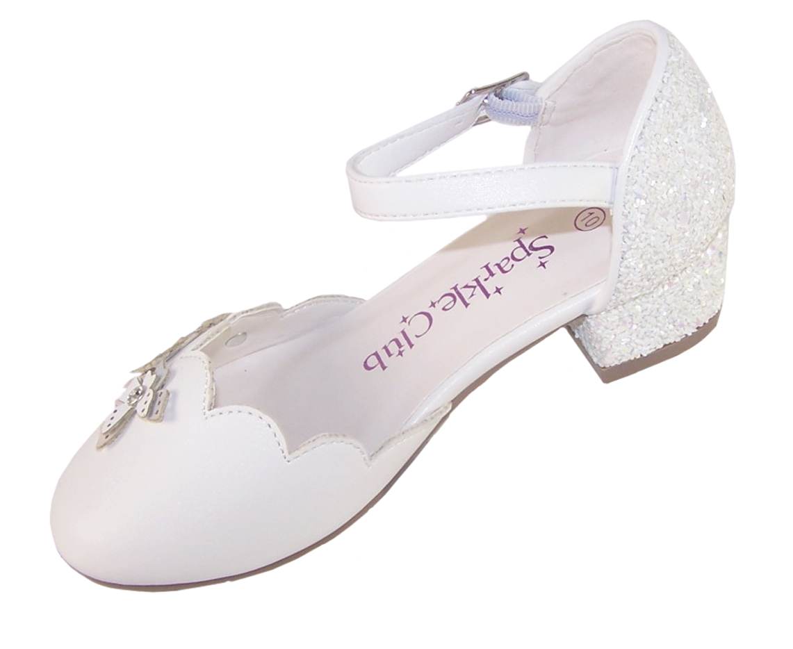 Girls white low heeled sparkly bridesmaid shoes-6424