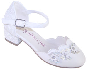 Girls white low heeled sparkly bridesmaid shoes