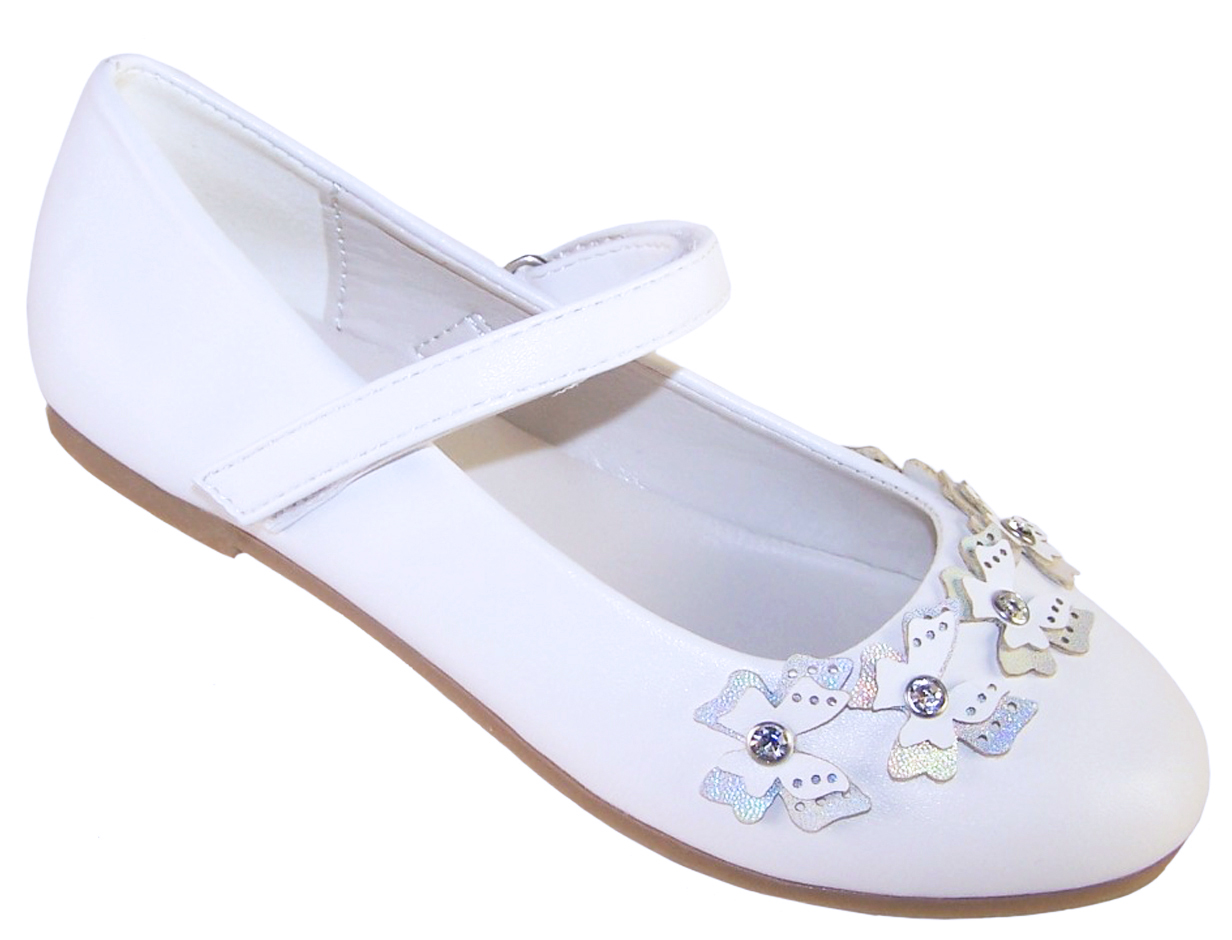 Girls White Soft PU Flower Girl and First Communion Ballerina Shoes with Flower Trims