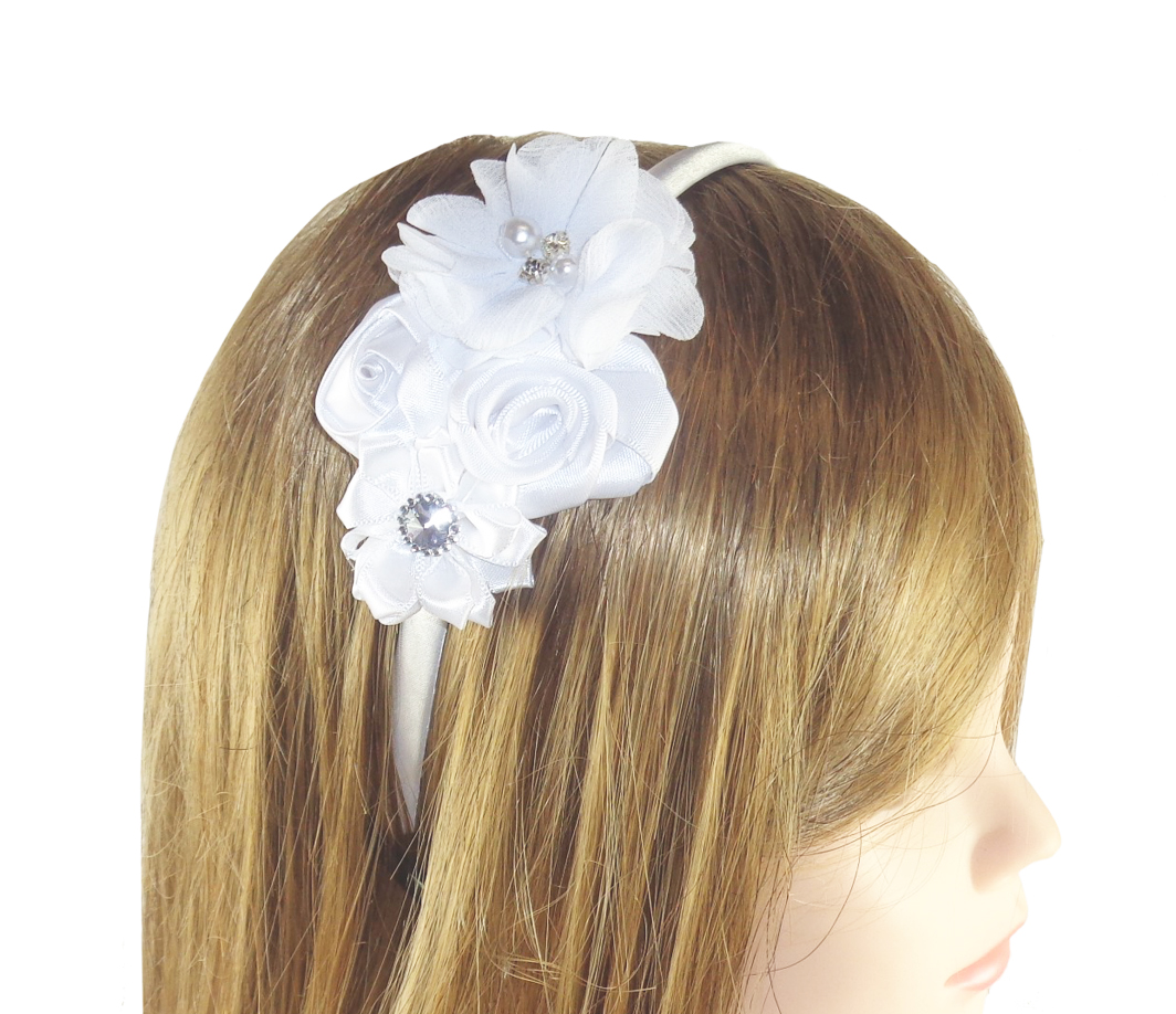 Girls white satin flower headband-6458