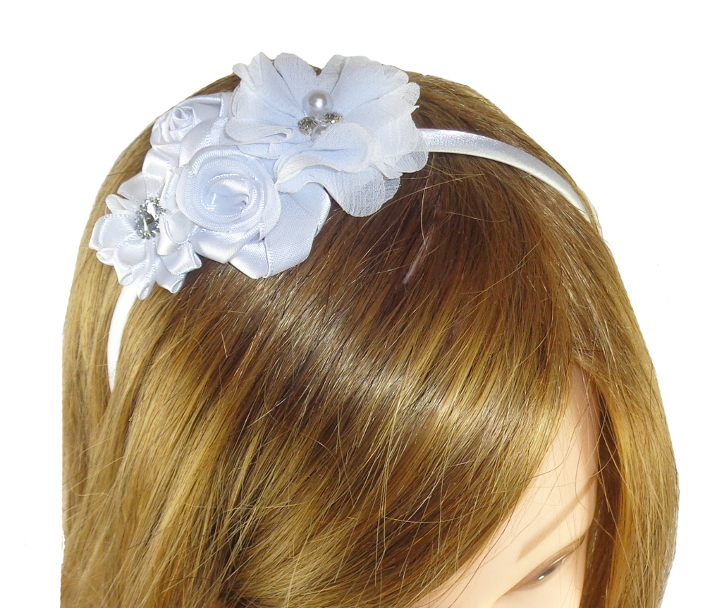 Girls white satin flower headband-6457
