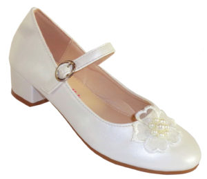 Girls ivory low heeled bridesmaid shoes with flower trim