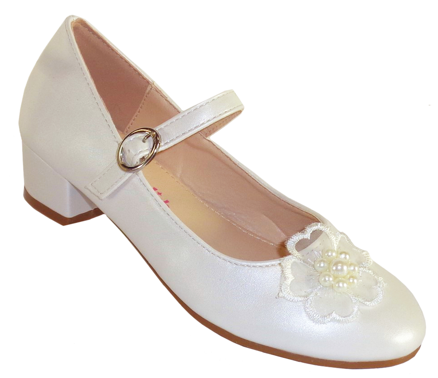 Girls ivory low heeled bridesmaid shoes with flower trim-0