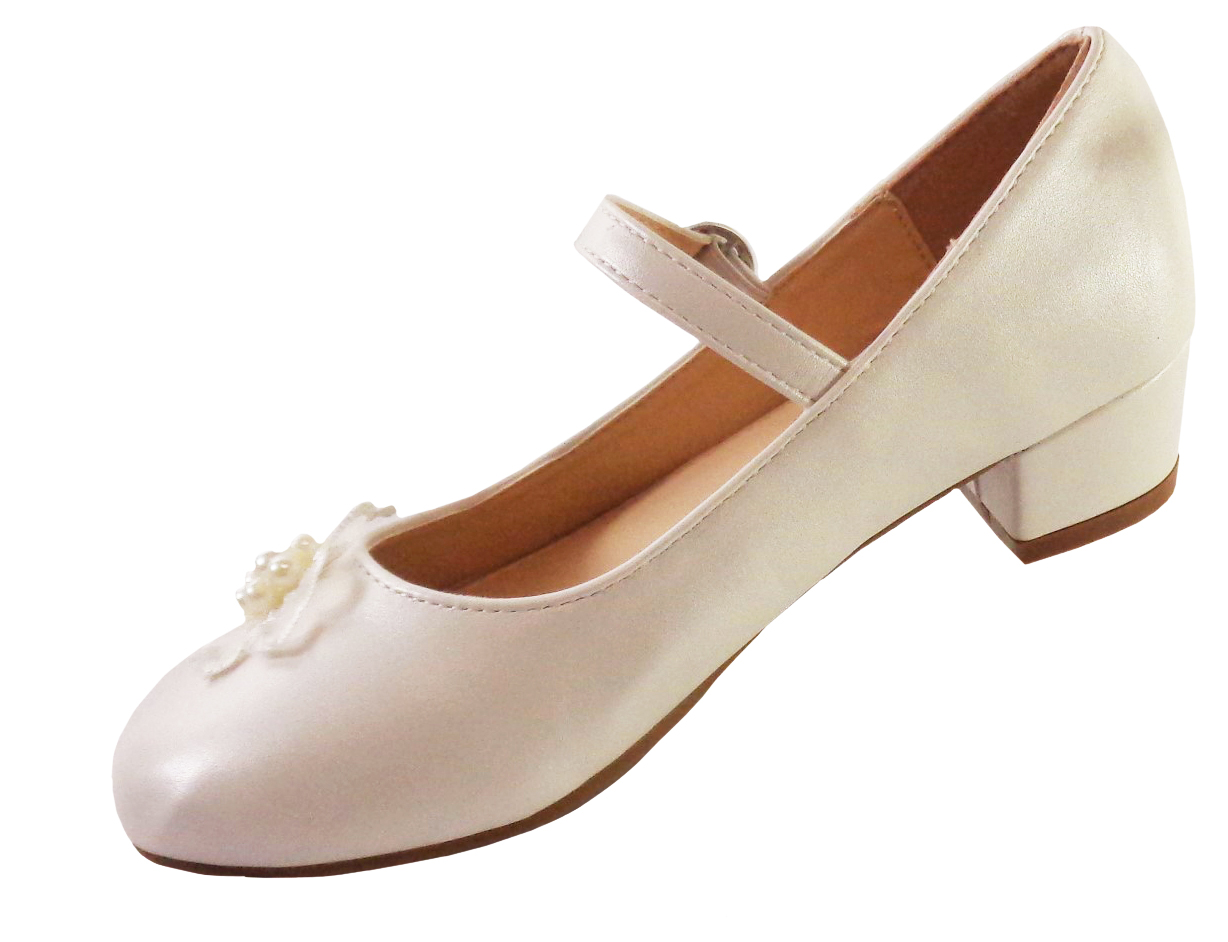 Girls ivory low heeled bridesmaid shoes with flower trim-6477