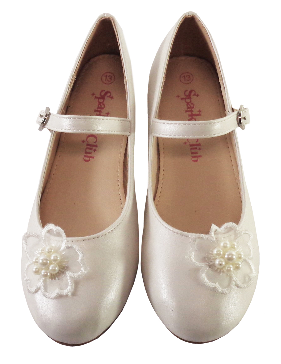Girls ivory low heeled bridesmaid shoes with flower trim-6480
