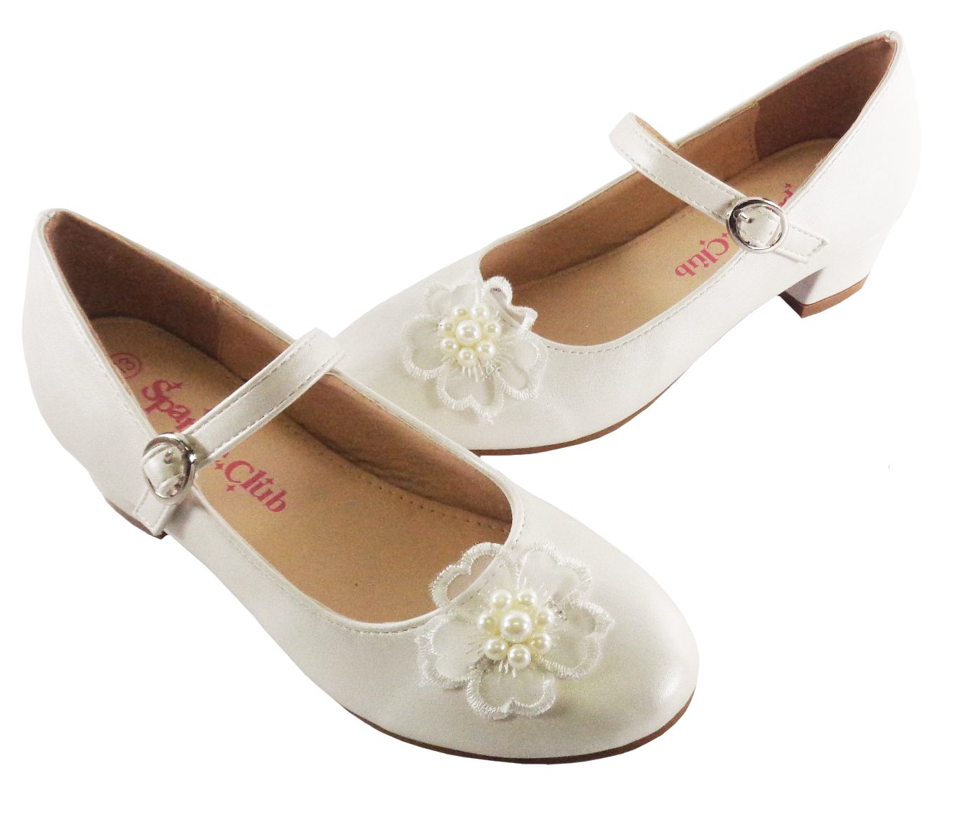 Girls ivory low heeled bridesmaid shoes with flower trim-6479