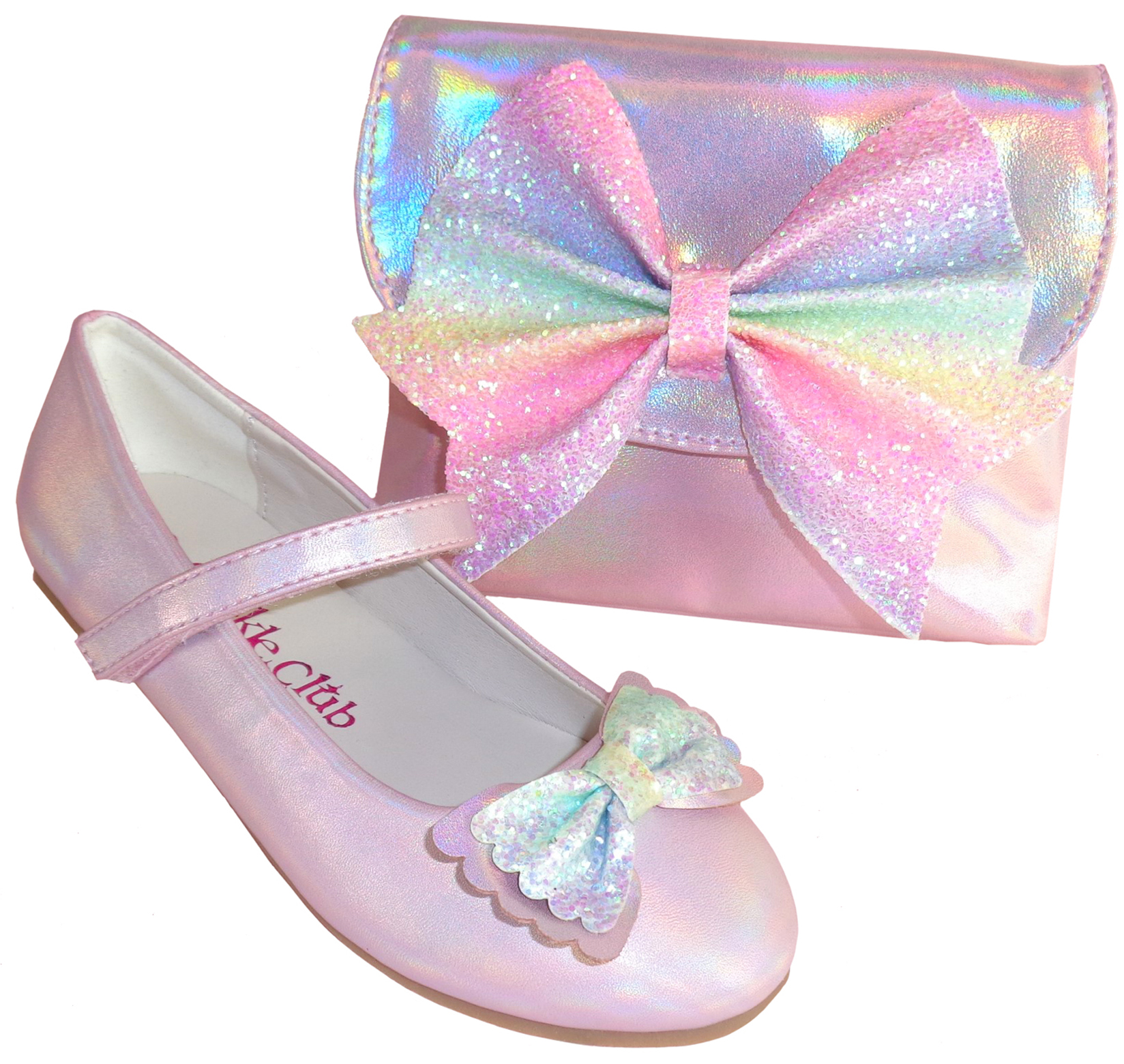 Pale pink sparkly ballerina party shoes and matching bag -0