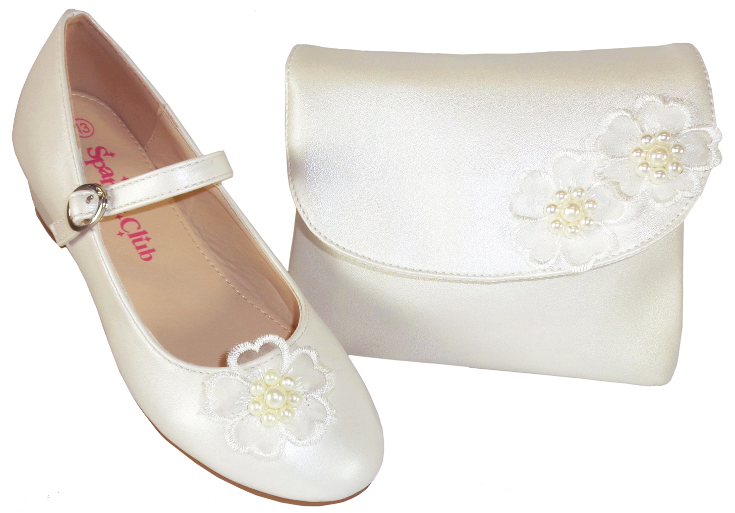 Girls ivory low heeled bridesmaid shoes and bag with flower trim-0