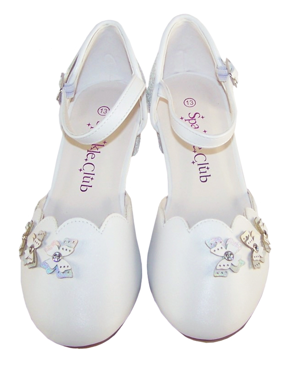 Girls white low heeled sparkly bridesmaid shoes and bag-6512