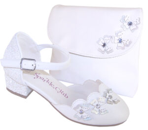 Girls white low heeled sparkly bridesmaid shoes and bag