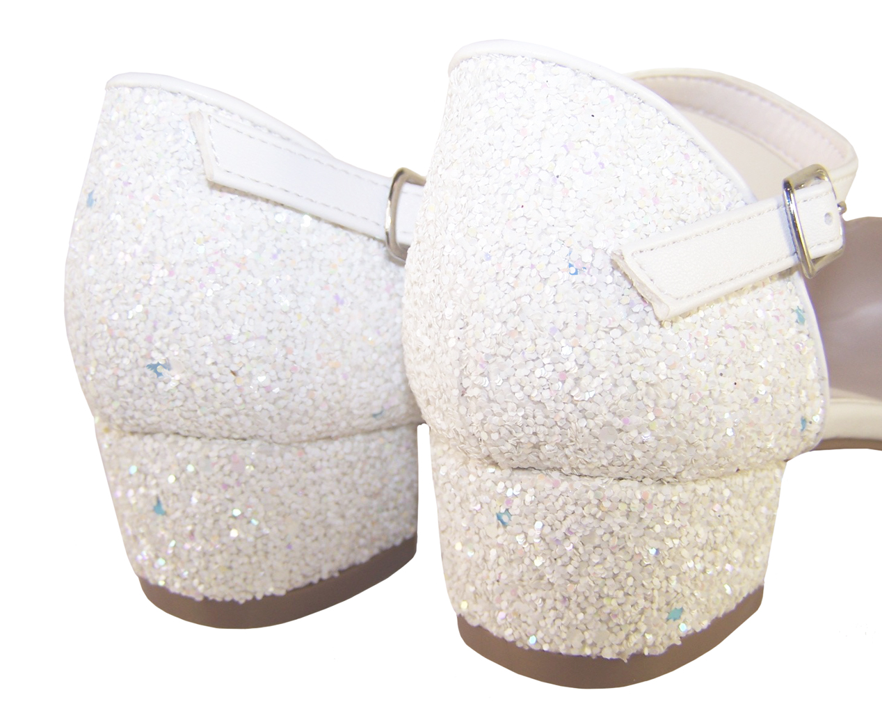 Girls white low heeled sparkly bridesmaid shoes and bag-6515