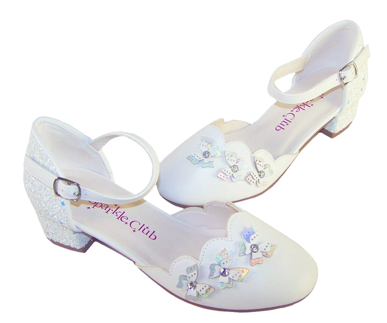 Girls white low heeled sparkly bridesmaid shoes and bag-6513