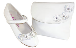 Girls white flower girl ballerinas and bag with butterfly trims