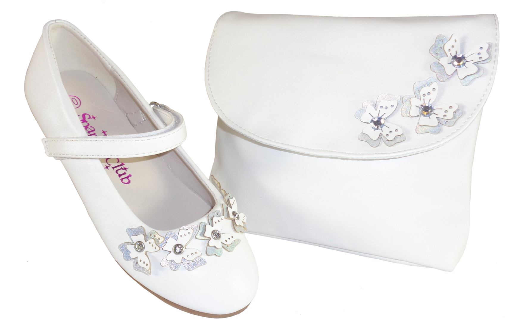 Girls white flower girl ballerinas and bag with butterfly trims-0
