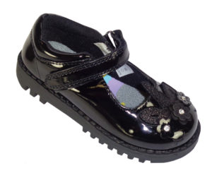 Girls black patent school shoes with Unicorn detail