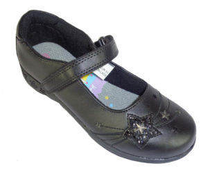 Girls black PU school shoes with sparkly stars