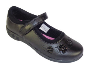 Girls black school shoes with patent flower trims