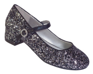 Girls black and silver glitter heeled shoes