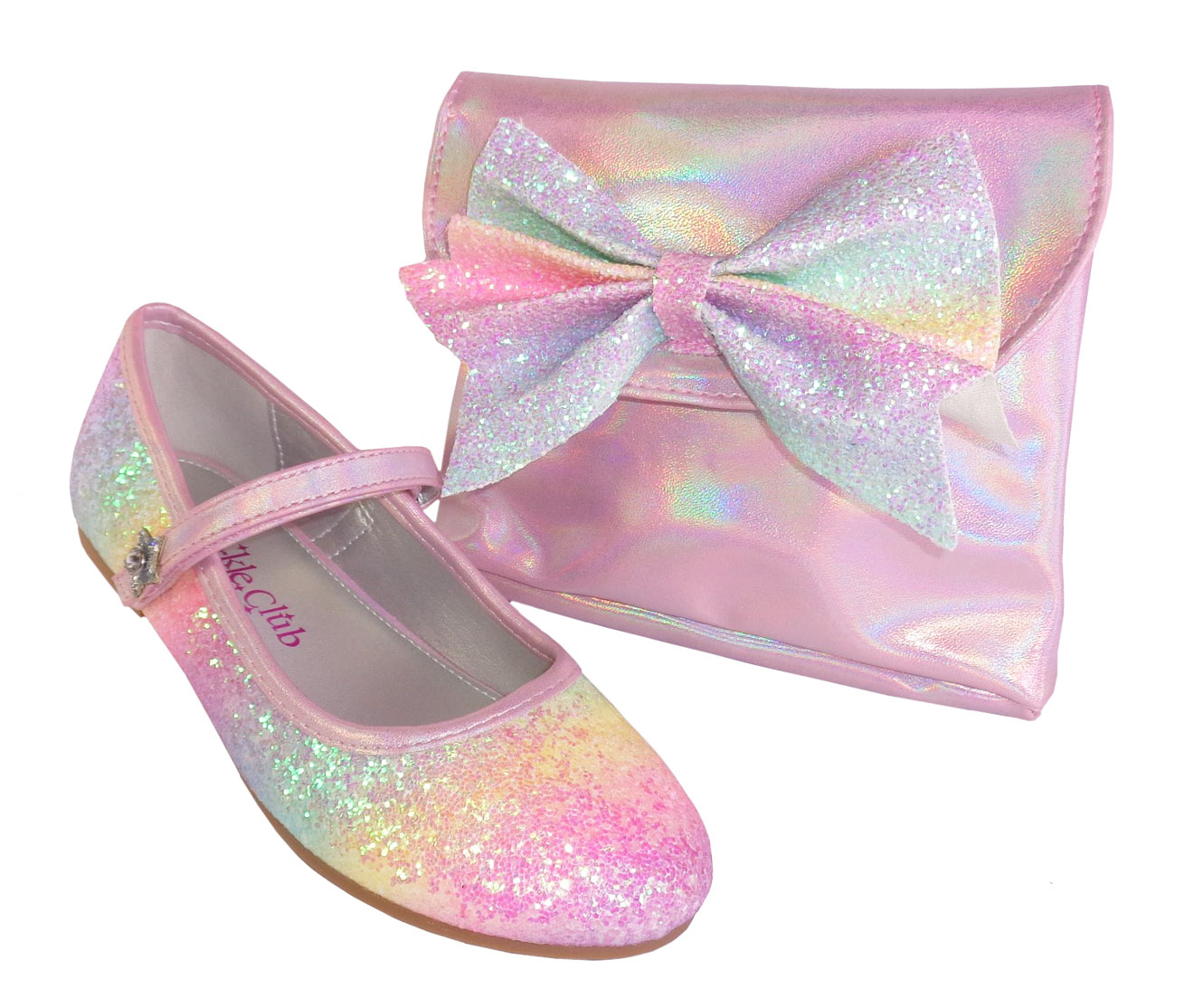 Handbag Matching Bag Set Ballet Pumps Girls Rainbow Glitter Bow Party Shoes