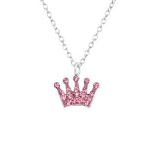 Girls sterling silver pink crystal crown necklace