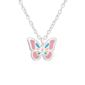 Girls sterling silver and epoxy pink butterfly necklace