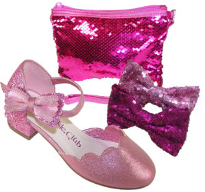 Girls pink glitter heeled party shoes and bag gift set
