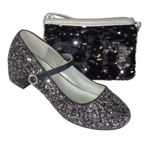 Girls black and silver glitter heeled shoes with overbody bag