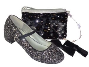 Girls black and silver glitter heeled shoes and bag gift set