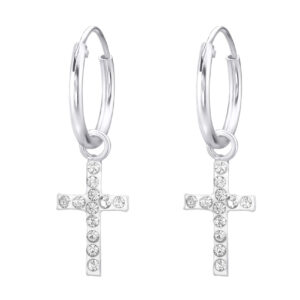 Girls crystal silver cross hoop earrings