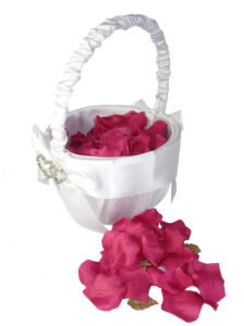 Flower girl white satin basket and rose petals