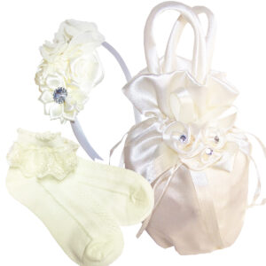 Flower girls ivory satin bag,socks and headband set