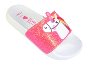 Girls white and coral pink sparkly Unicorn slider sandals