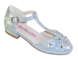 Girls blue sparkly low heeled t-bar party shoes