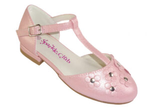 Girls pink sparkly low heeled t-bar party shoes