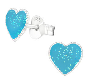 Girls blue sparkly heart 925 sterling silver earrings