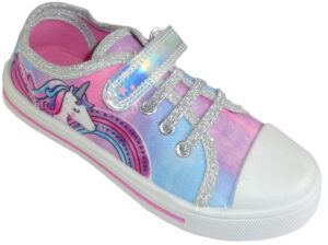 Girls unicorn sparkly pink and blue canvas trainers