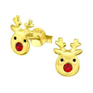 Girls Reindeer 925 Sterling Silver Crystal Ear Studs