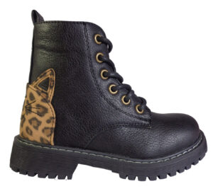 Girls black PU ankle boots with happy leopard cat face