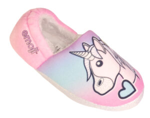 Girls bright pink and blue unicorn emoji slippers
