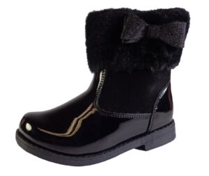 Girls black patent ankle boots with fur collar and glitter bow