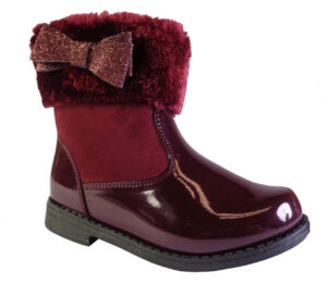 Girls burgundy patent ankle boots with fur collar and glitter bow
